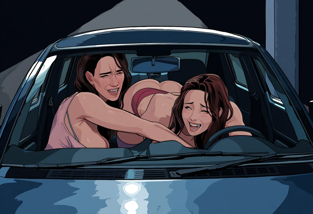 two adult lovers age 30 and 33 tangled together in the back of a parked car during a downpour, fogged windows, streetlight through running water, explicit adult manhwa art style