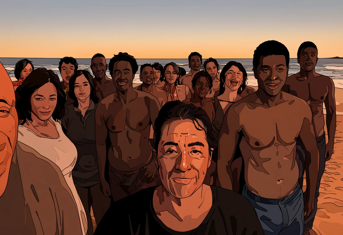 an interracial adult couple age 30 and 39, a white adult woman and a filipino adult man, on an empty beach at dusk, salt-damp skin, warm horizon, explicit adult manhwa art style