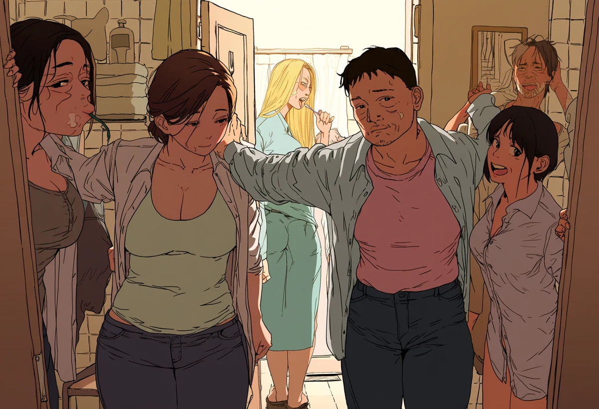 a married adult couple age 33 and 35 pressed together in a bathroom doorway before work, half-buttoned shirts, a toothbrush abandoned, explicit adult manhwa art style