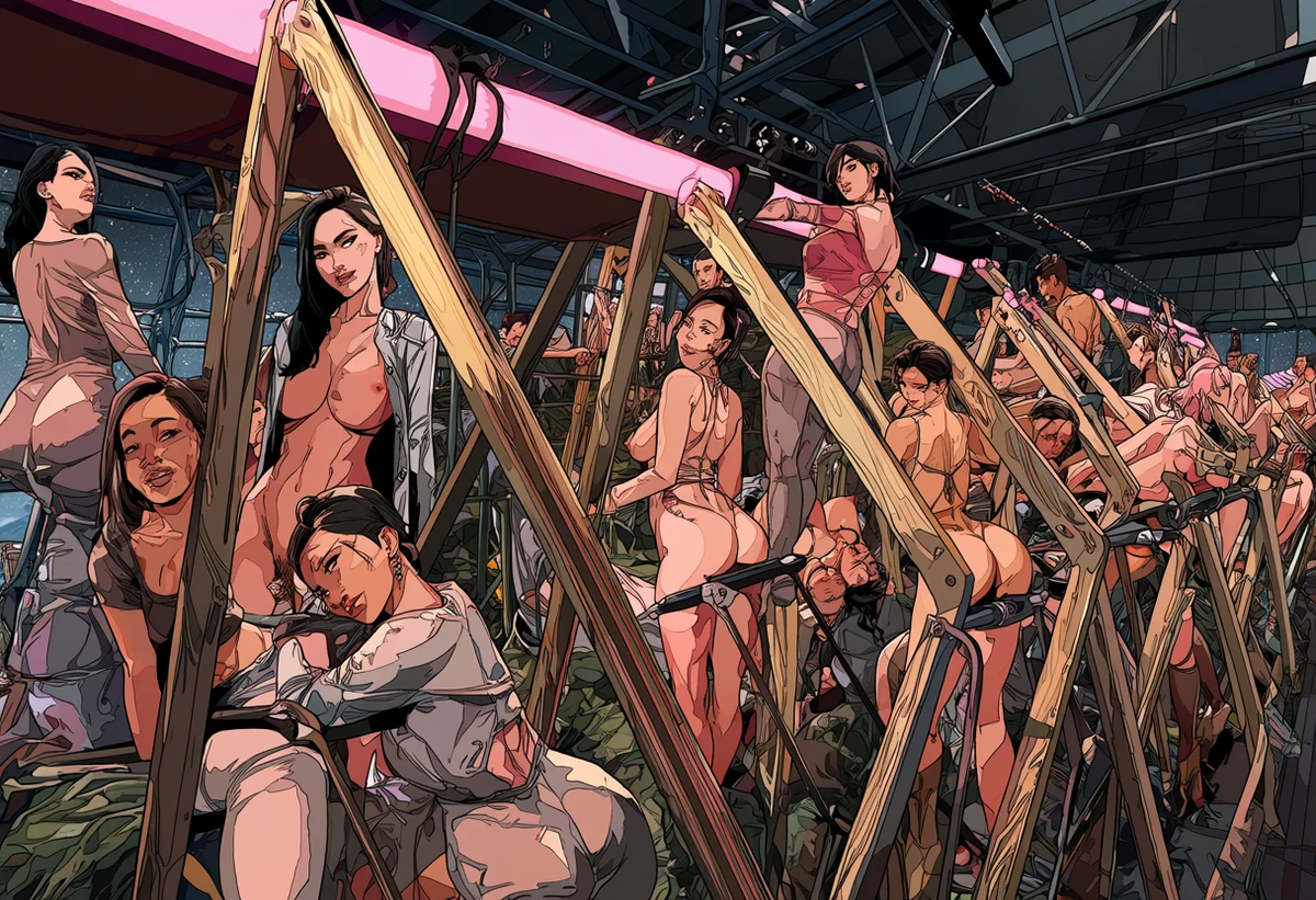 an adult couple age 37 and 32 among hydroponic racks in a Mars colony greenhouse, suit liners peeled to the waist, pink grow lights, adult sci-fi manhwa art style