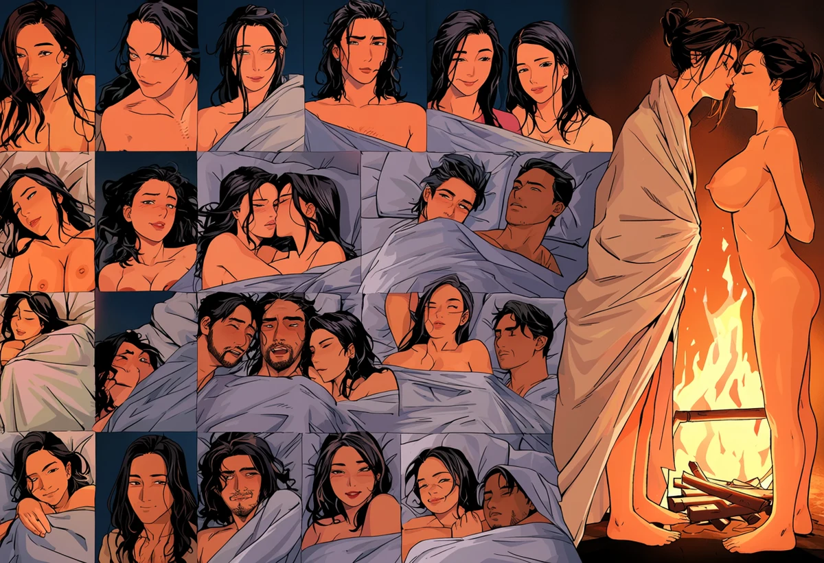 an adult couple age 38 and 33 wrapped in one blanket before a fire, foreheads touching, honest tenderness turning explicit, erotic romance manhwa art style