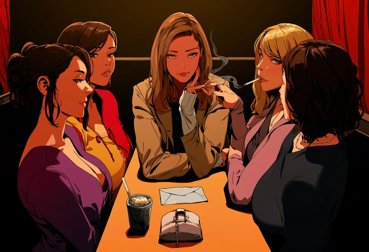 an adult woman age 34 meeting her adult contact in a closed jazz bar, coat collars up, smoke, an envelope on the table between them, adult mystery manhwa art style