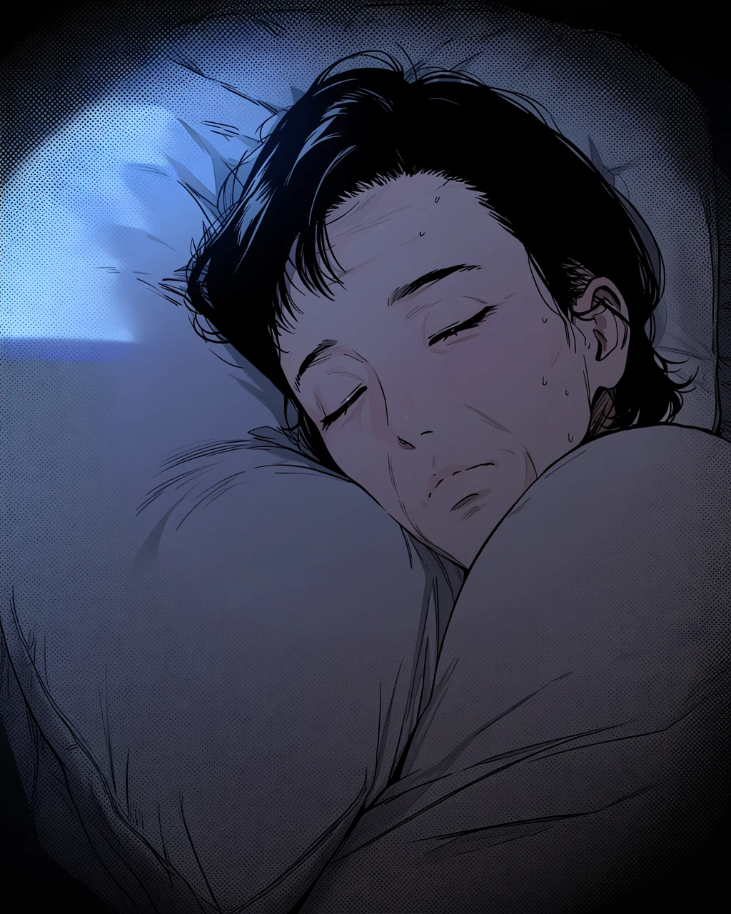 an adult partner age 37 waking beside the viewer, first person point of view from the pillow, dawn light, sheets in the foreground, explicit adult manhwa art style