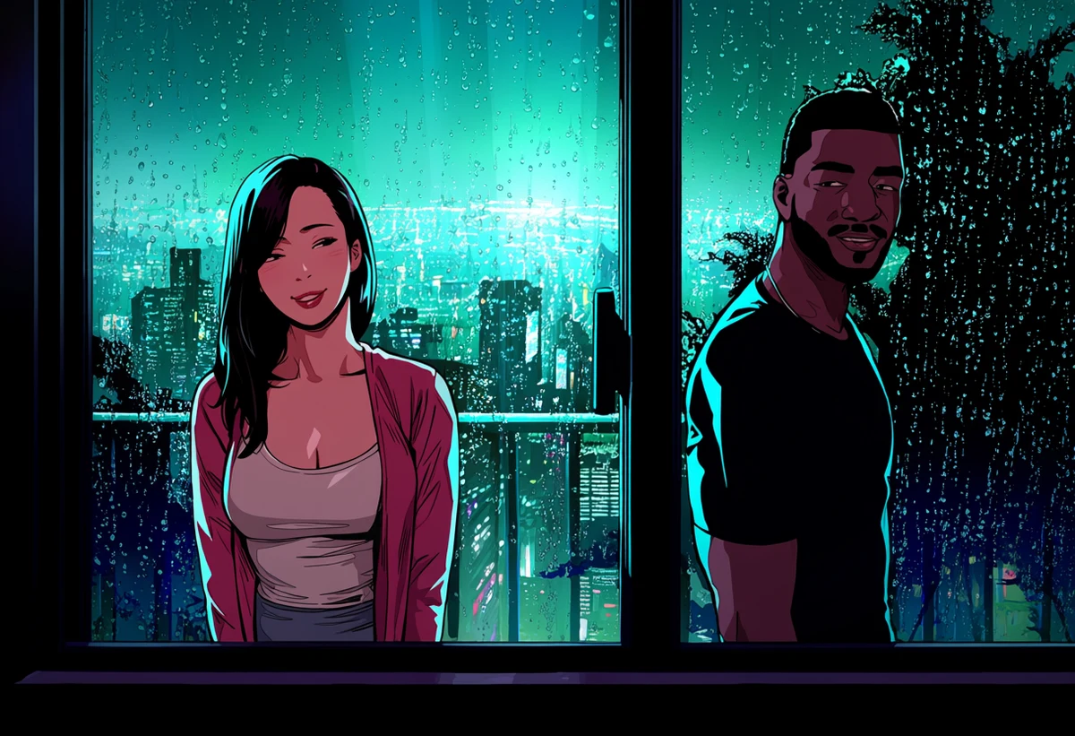 an interracial adult couple age 33 and 36, a japanese adult woman and a black adult man, against a rain-streaked window at night, city glow, explicit adult manhwa art style