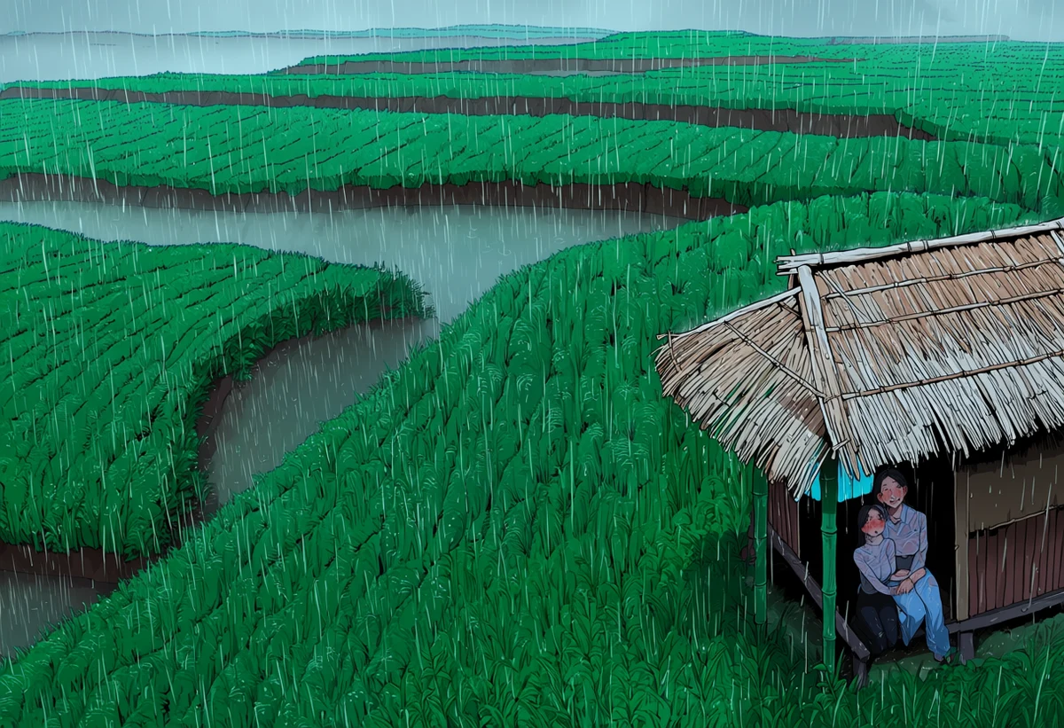an Indonesian adult couple age 34 and 37 sheltering in a bamboo hut above green rice terraces during rain, wet clothing, misted valley, explicit adult illustration