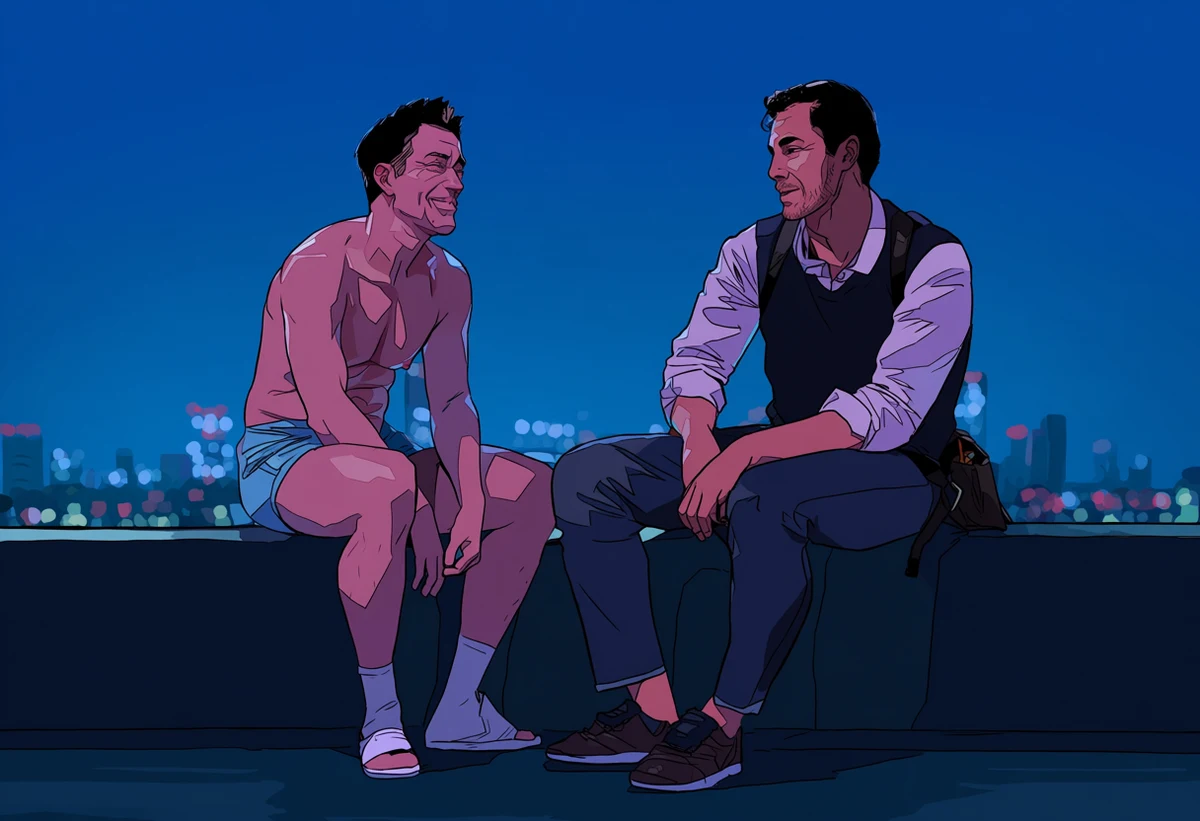 two adult men age 33 and 37 on a rooftop at blue hour, one seated on the ledge with the other standing between his knees, skyline bokeh, explicit gay adult manhwa art style