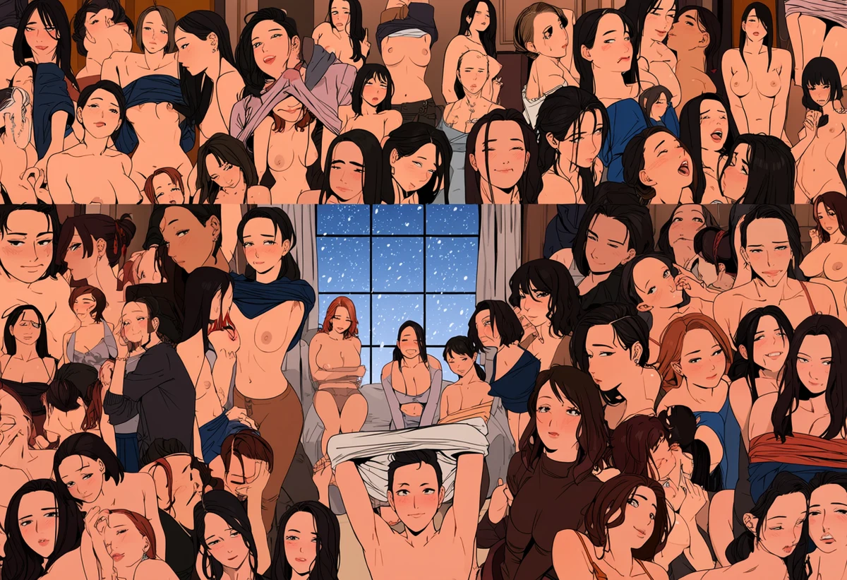 an adult couple age 36 and 32 undressing by a frosted window as snow falls, warm interior against cold blue outside, erotic romance manhwa art style