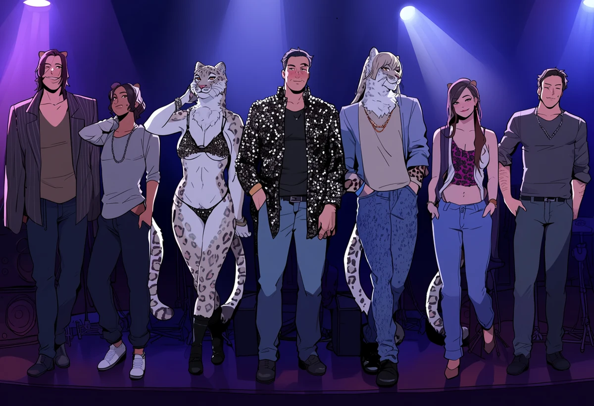 an anthro adult snow leopard woman age 34 and her adult anthro partner backstage at a smoky jazz club, a sequined jacket falling open, explicit furry adult art style