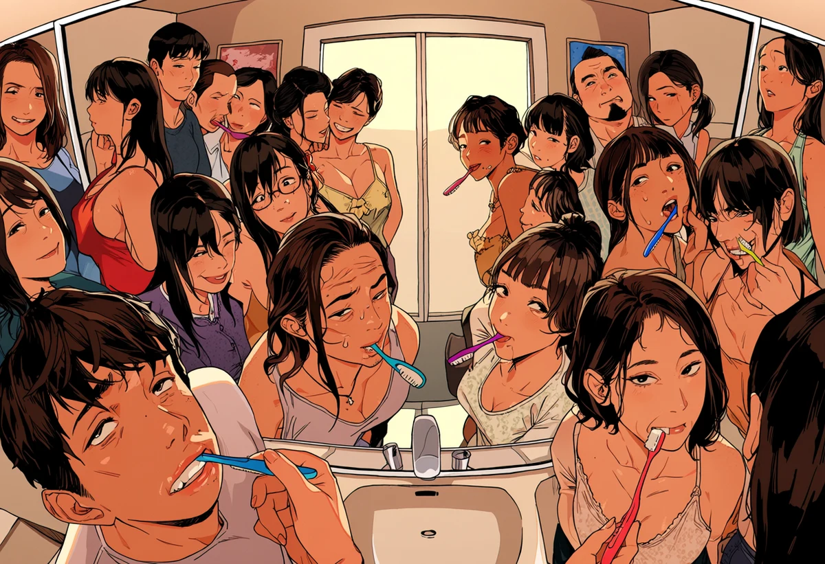 an adult couple age 37 and 32 crowding one bathroom mirror in the morning, toothbrushes and sleep-creased faces, honest affection, adult slice of life manhwa art style